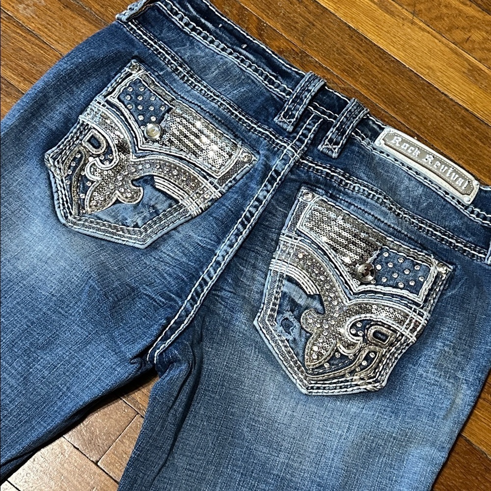RARE! Rock Revival “Amberlight” Women's Distressed Blue Boot Cut Jeans, Sz 29